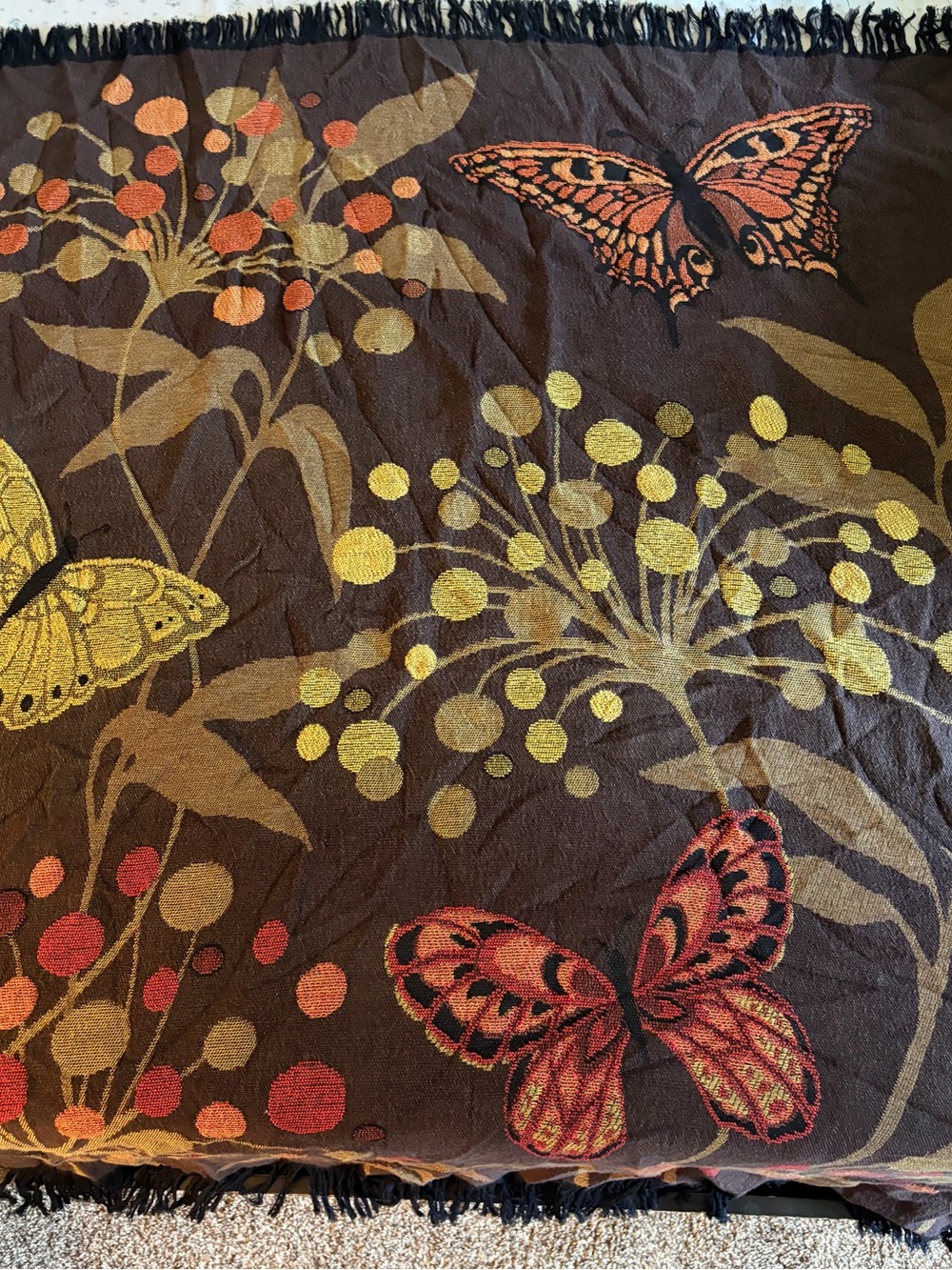 Butterfly Jacquard Throw Blanket in Brown with Red & Gold Accents